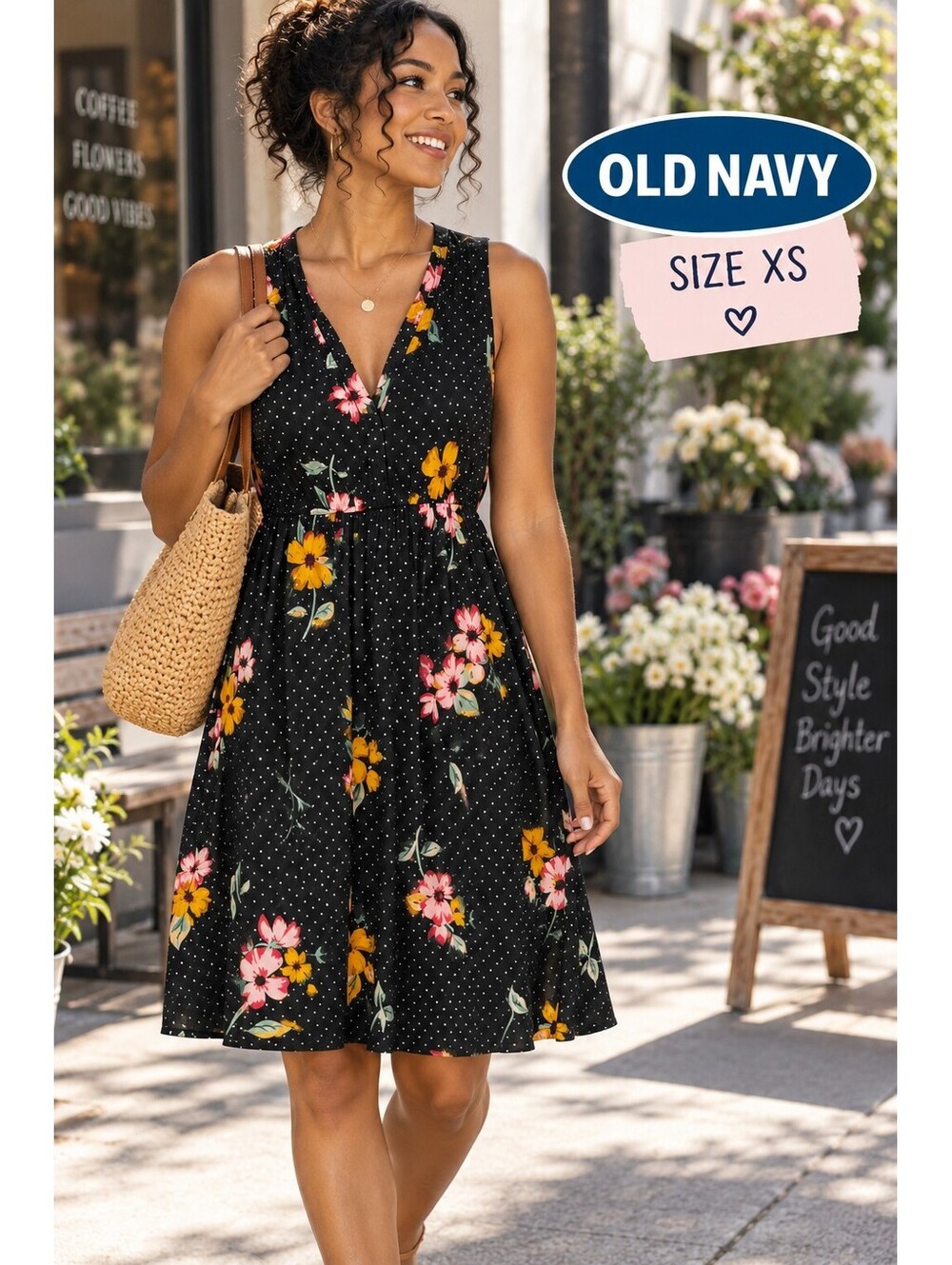 Old Navy | XS | Black Floral Polka Dot Dress
